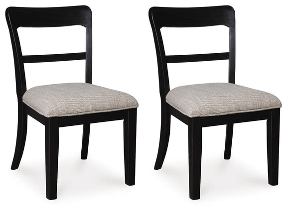 Set of 2 black upholstered dining side chairs with light gray fabric seats