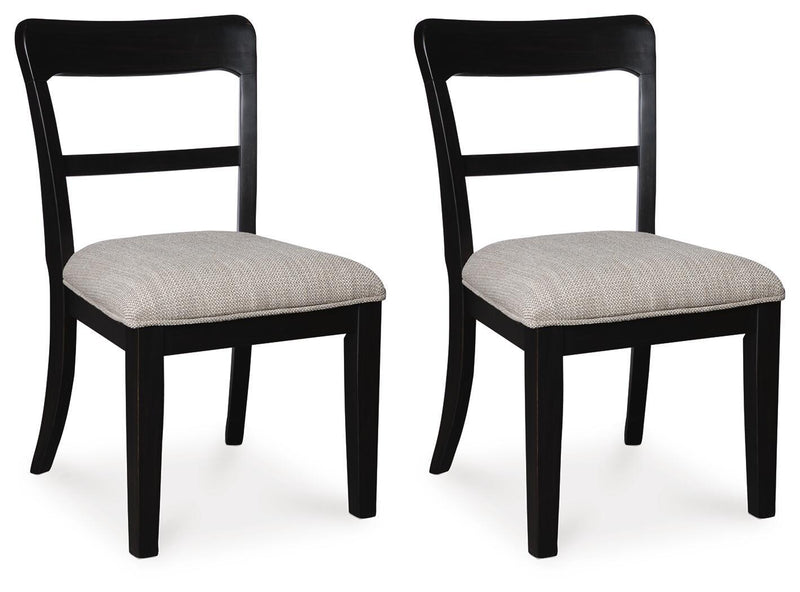Set of 2 black upholstered dining side chairs with light gray fabric seats