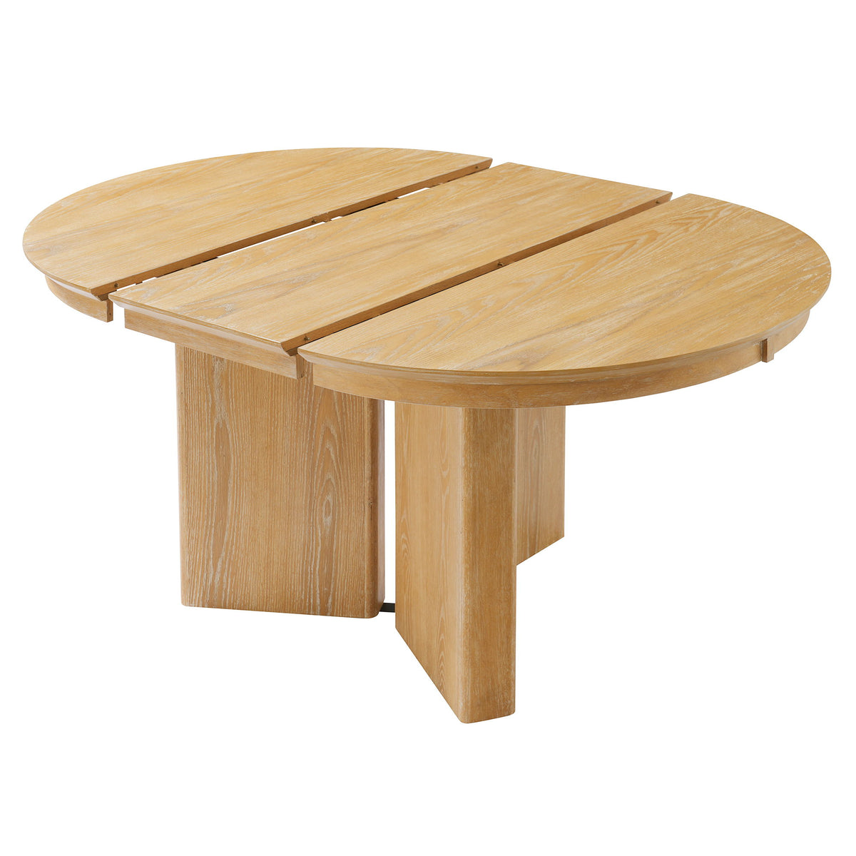Light brown oval extendable dining table with pedestal base and raised leaf sections