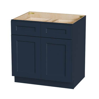 Blue shaker base cabinet with four recessed-panel doors and flat top opening