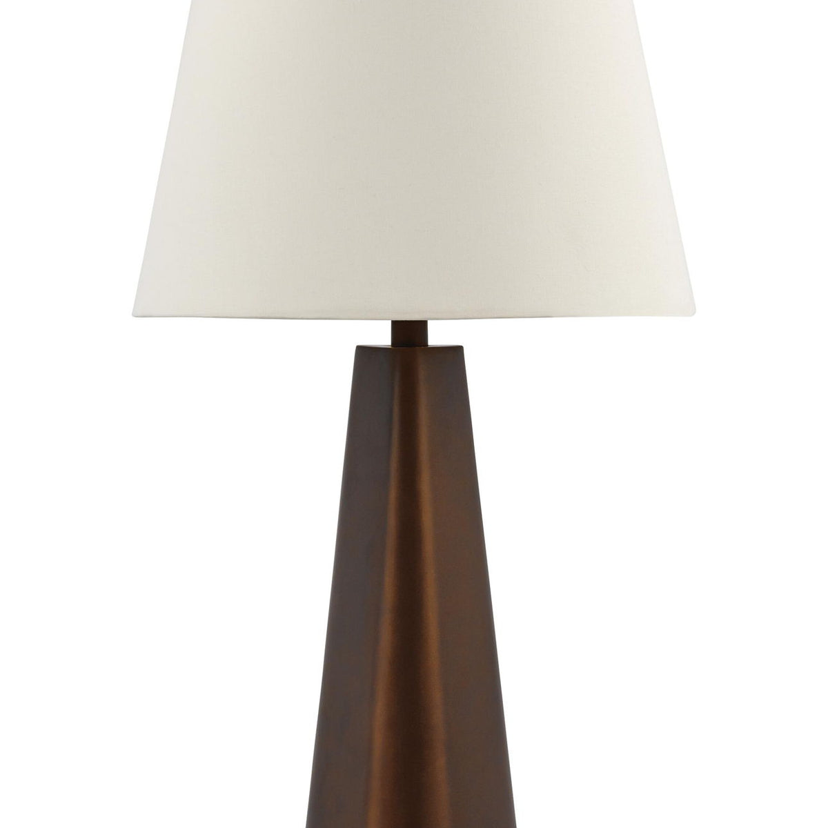 Bronze metal table lamp with tapered base and white fabric shade