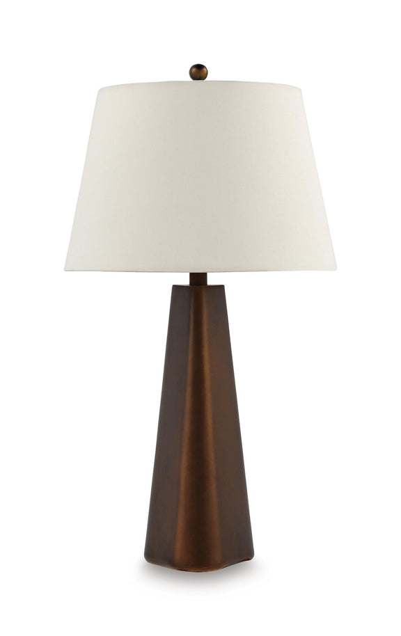 Bronze metal table lamp with tapered base and white fabric shade