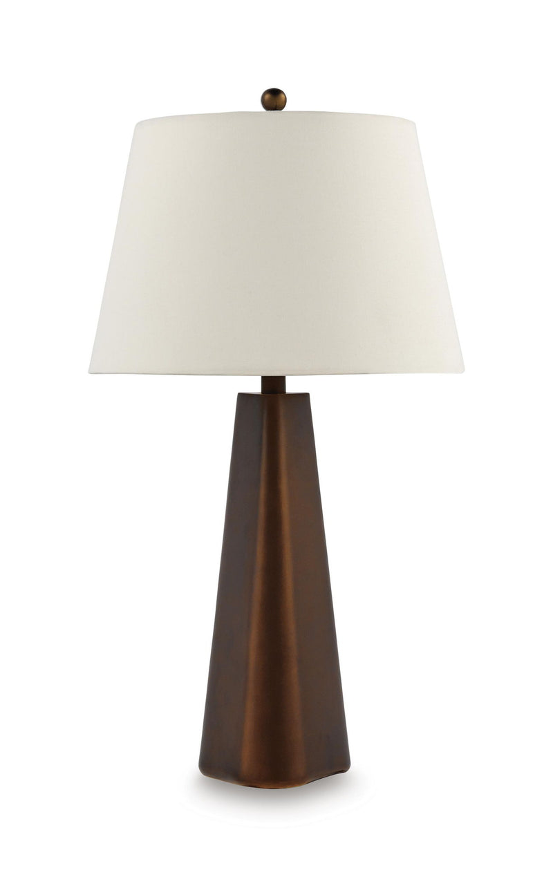 Bronze metal table lamp with tapered base and white fabric shade