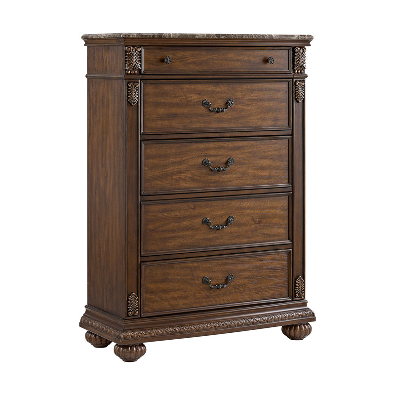 Brown wooden chest with four drawers, carved trim, and dark metal drawer pulls