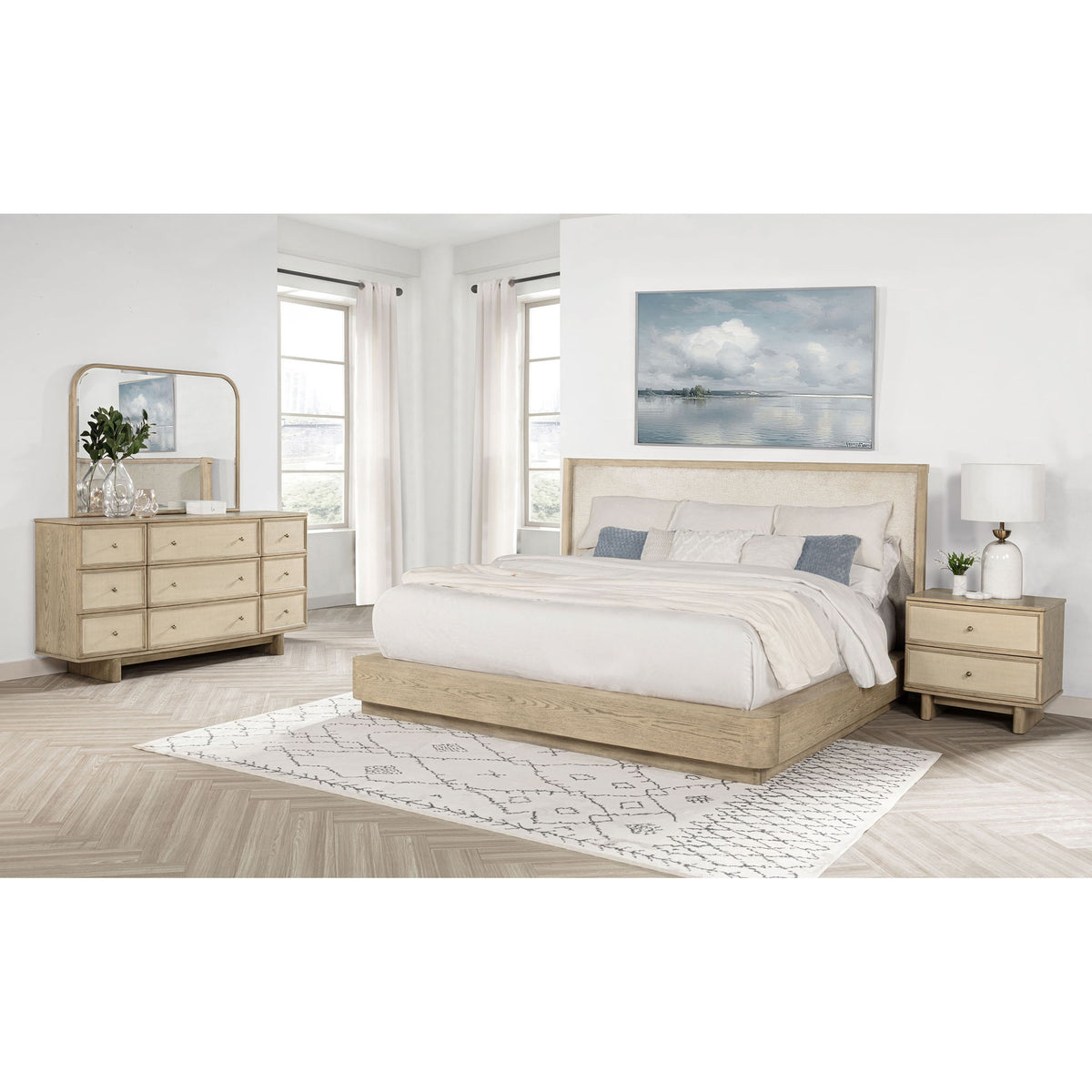 Light brown platform bed with upholstered headboard and footboard