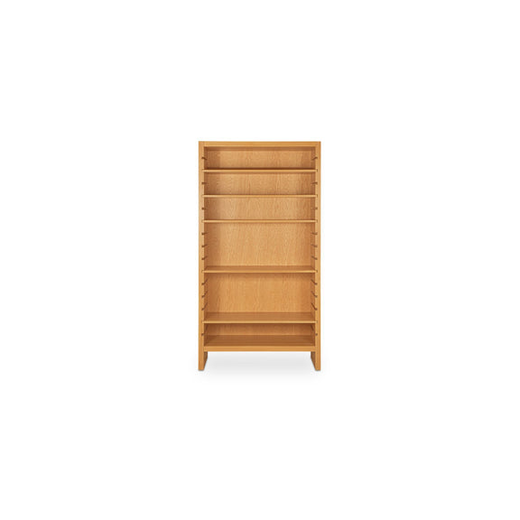Natural wood open bookcase with multiple adjustable shelves and back panel