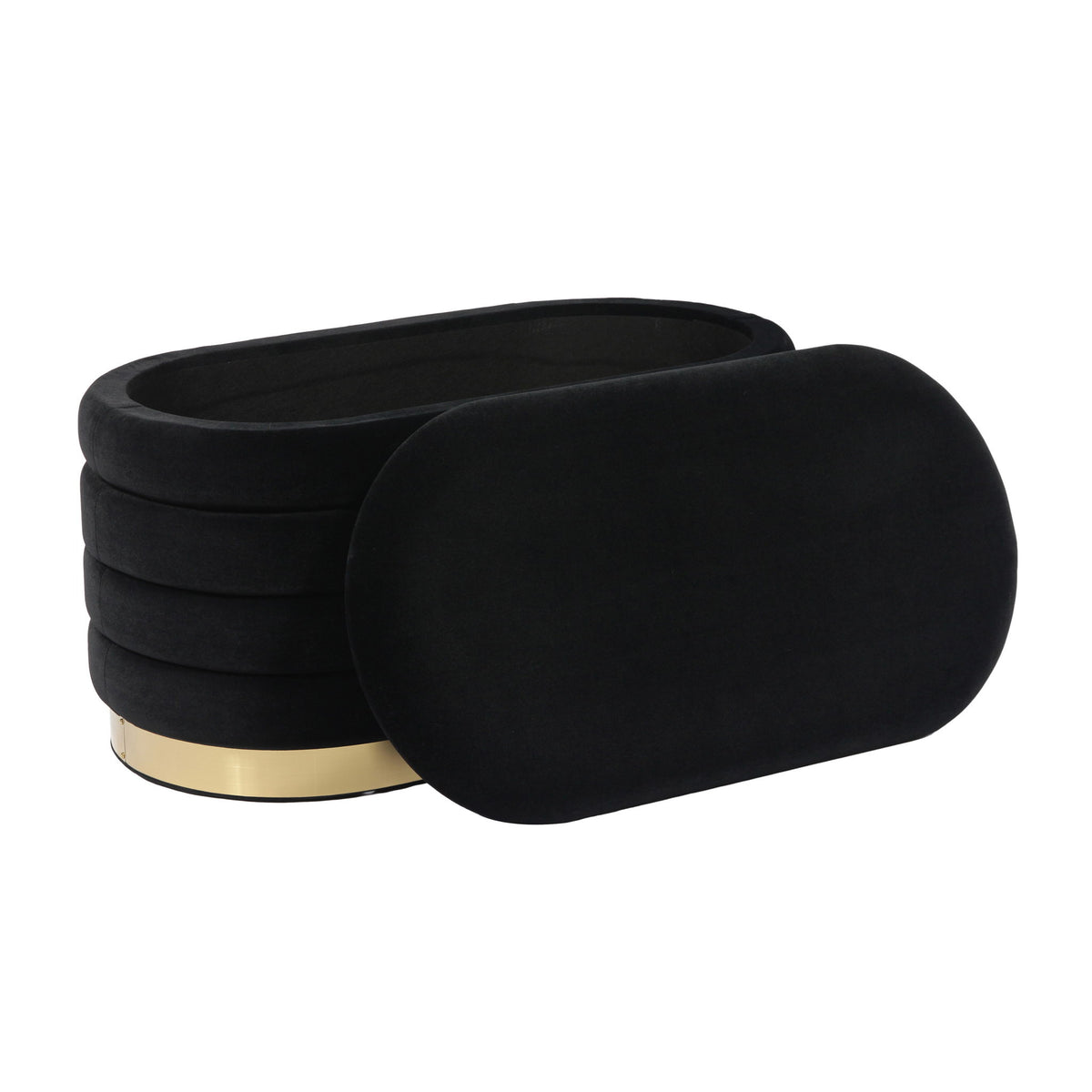 Black velvet storage bench with padded hinged lid and gold base