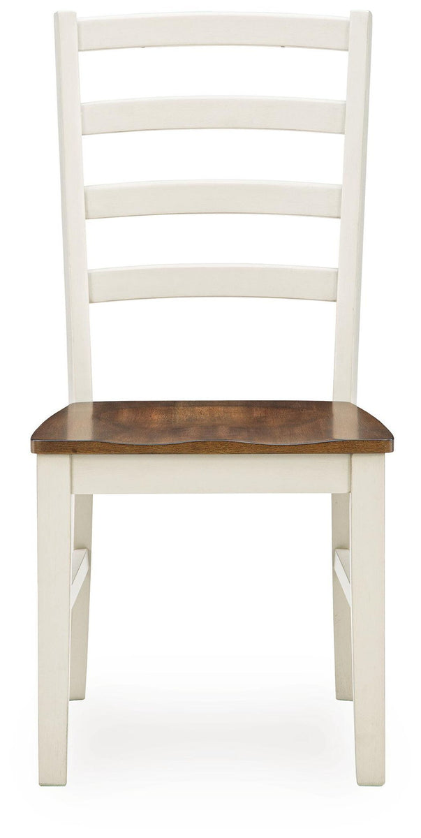 Dining side chair with antique white frame and brown wood seat, horizontal slat back