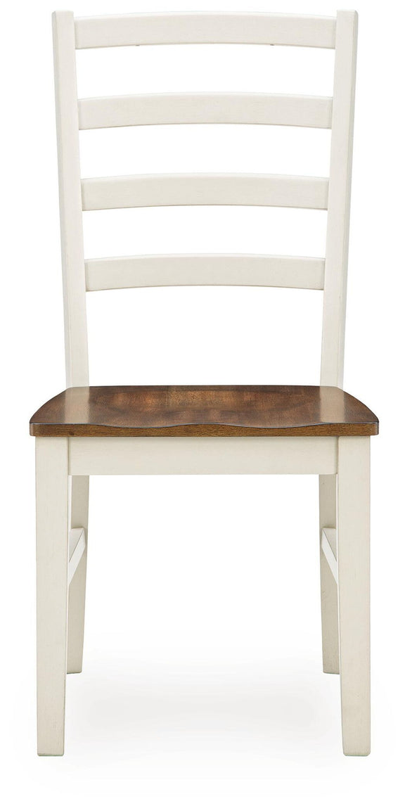 Dining side chair with antique white frame and brown wood seat, horizontal slat back
