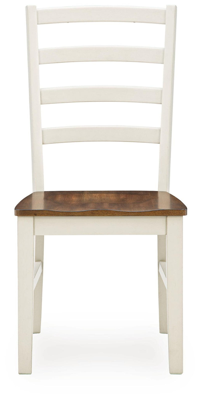Dining side chair with antique white frame and brown wood seat, horizontal slat back