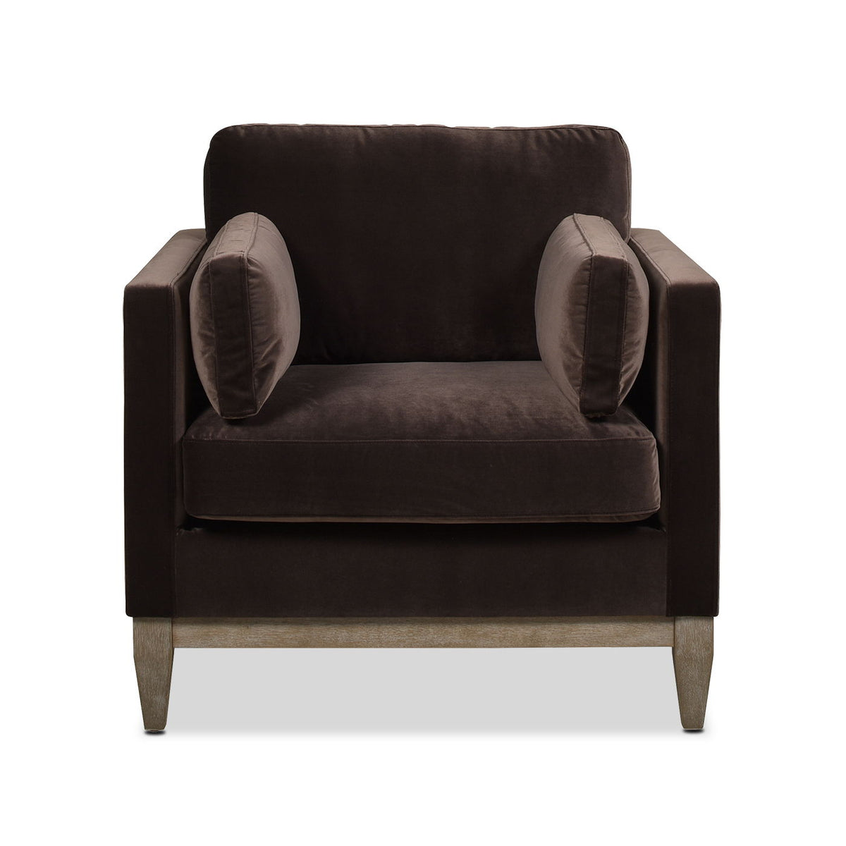 Dark upholstered armchair with padded back, rounded armrests, and light wood legs.