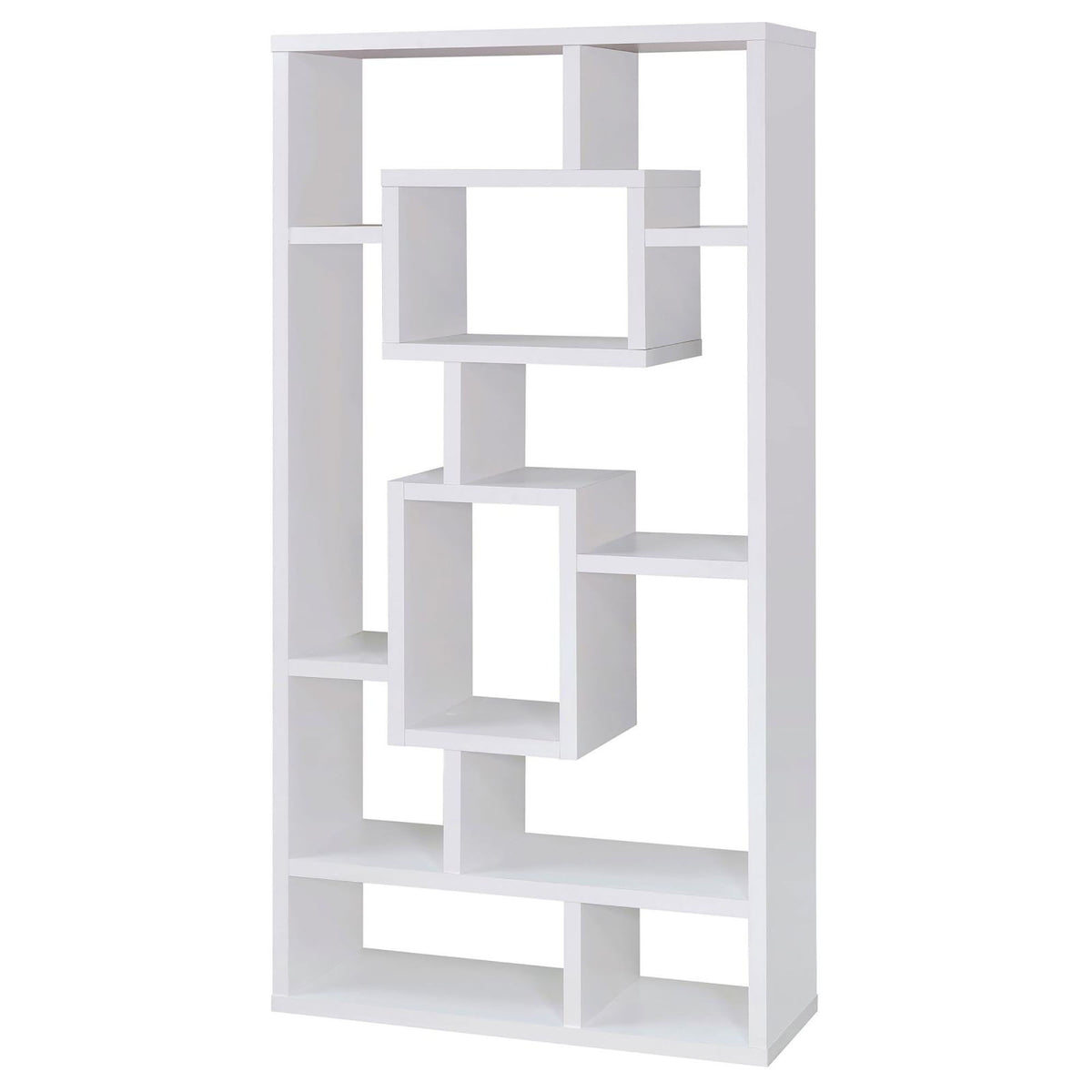 White open-back bookcase with interlocking square shelf compartments and open shelving