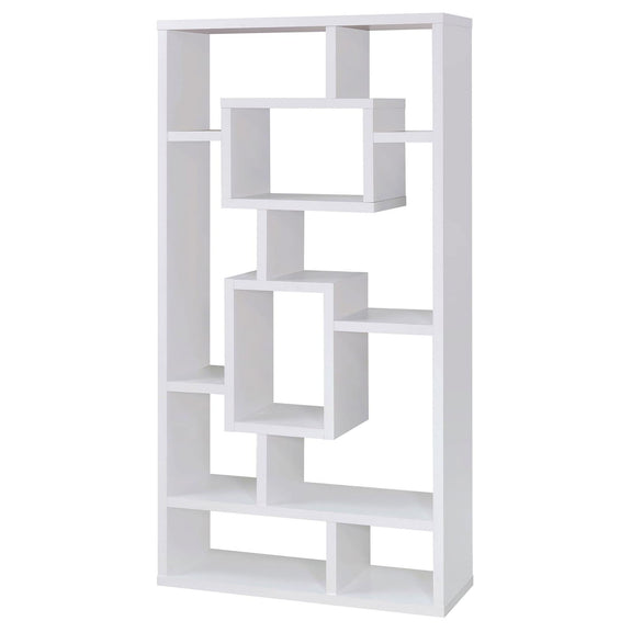 White open-back bookcase with interlocking square shelf compartments and open shelving
