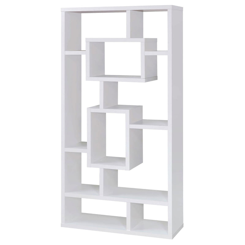 White open-back bookcase with interlocking square shelf compartments and open shelving