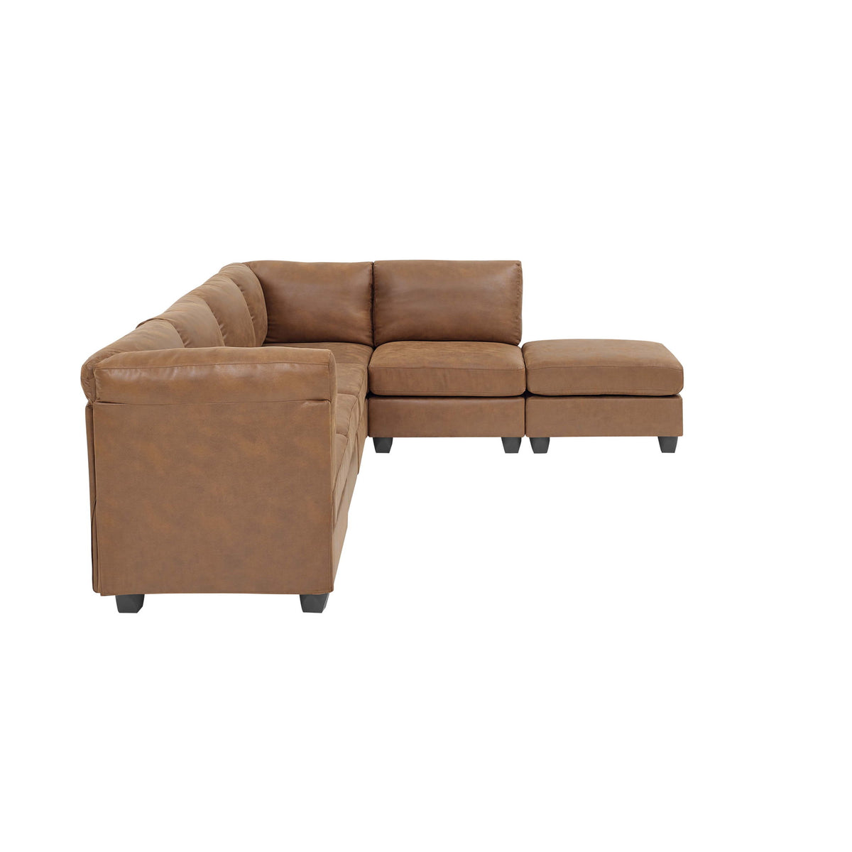 Brown sectional sofa corner with chaise, tufted back cushions, and block feet.