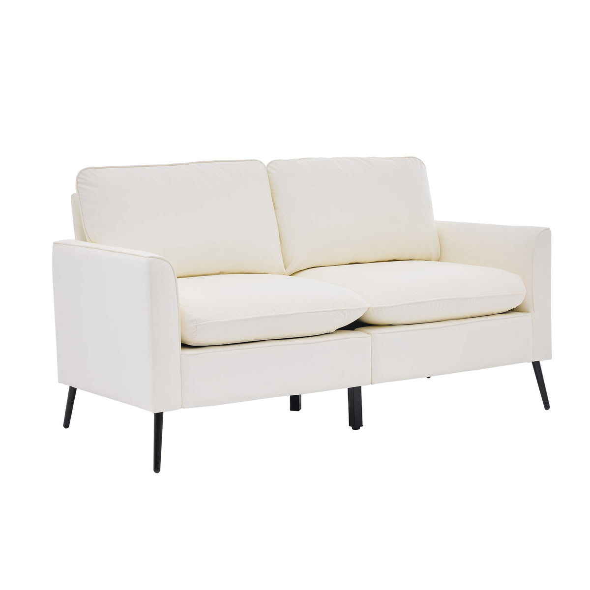 White upholstered loveseat sofa with two back cushions and supportive armrests