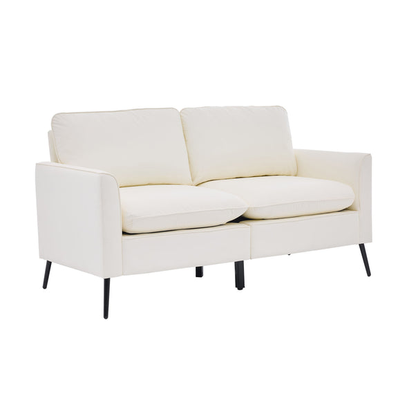 White upholstered loveseat sofa with two back cushions and supportive armrests