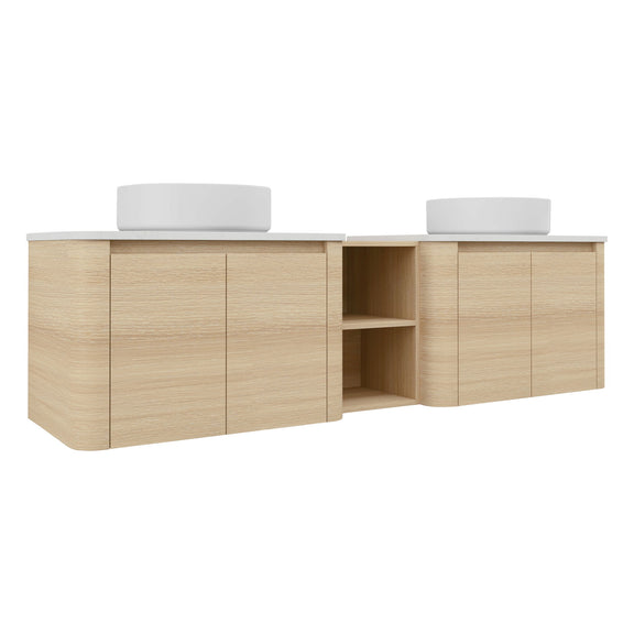 Wall-mounted bathroom vanity with white round art sinks and open center shelf, light wood