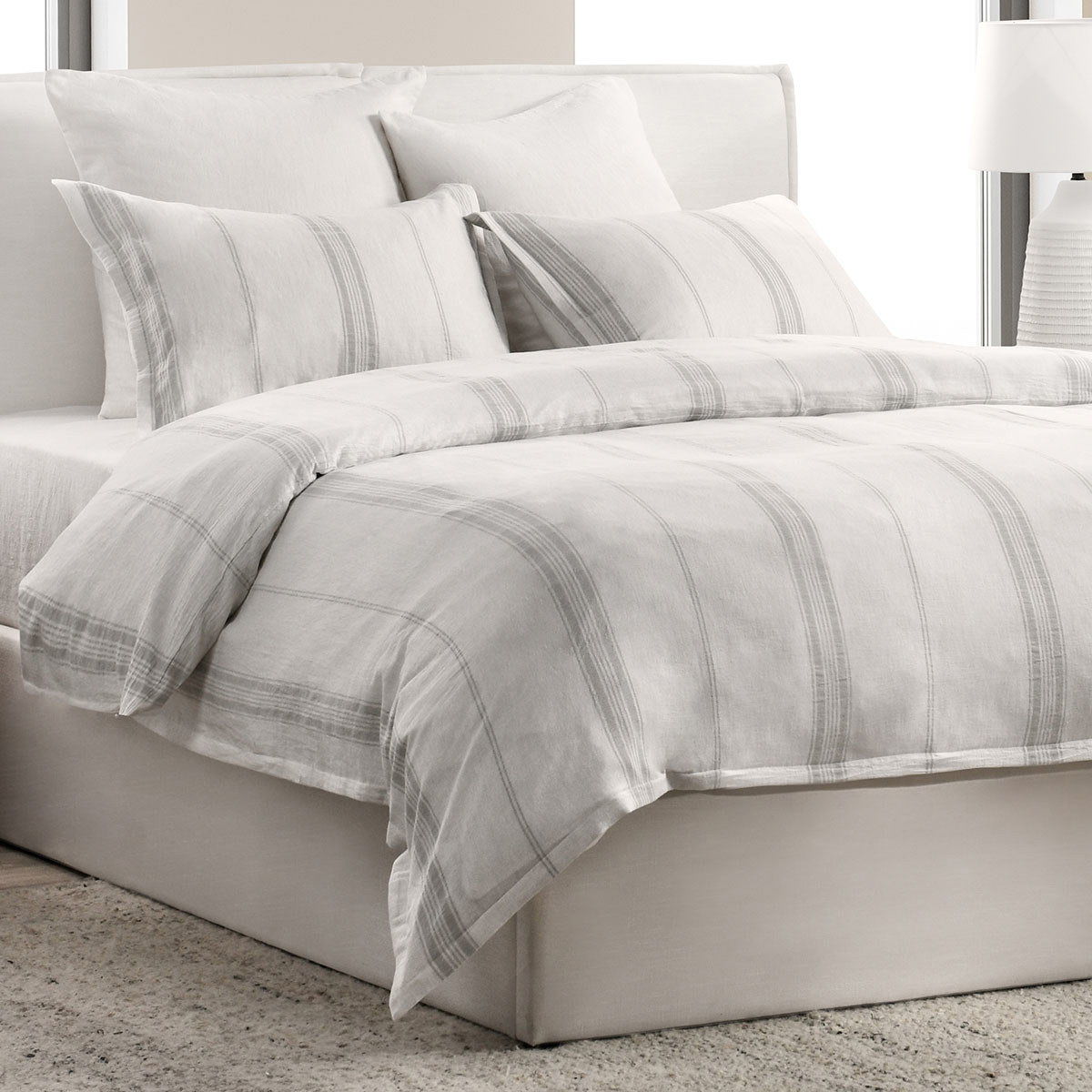 Jayson linen cashmere sham in white with subtle gray stripe lines, square pillow
