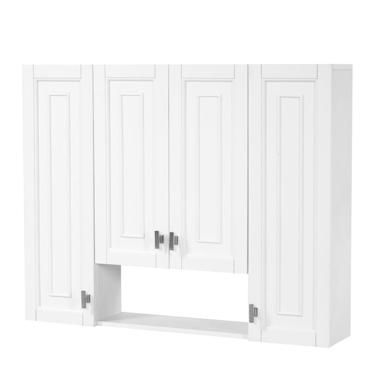 White bathroom wall cabinet with framed doors, metal handles, and soft-close hinges