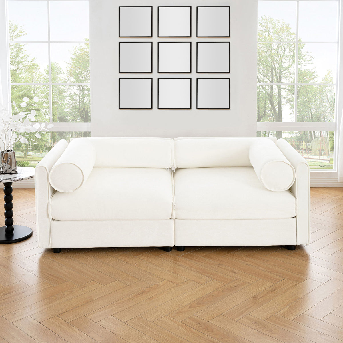 Stylish Chenille Sofa With Storage Seat And Cylindrical Backrest