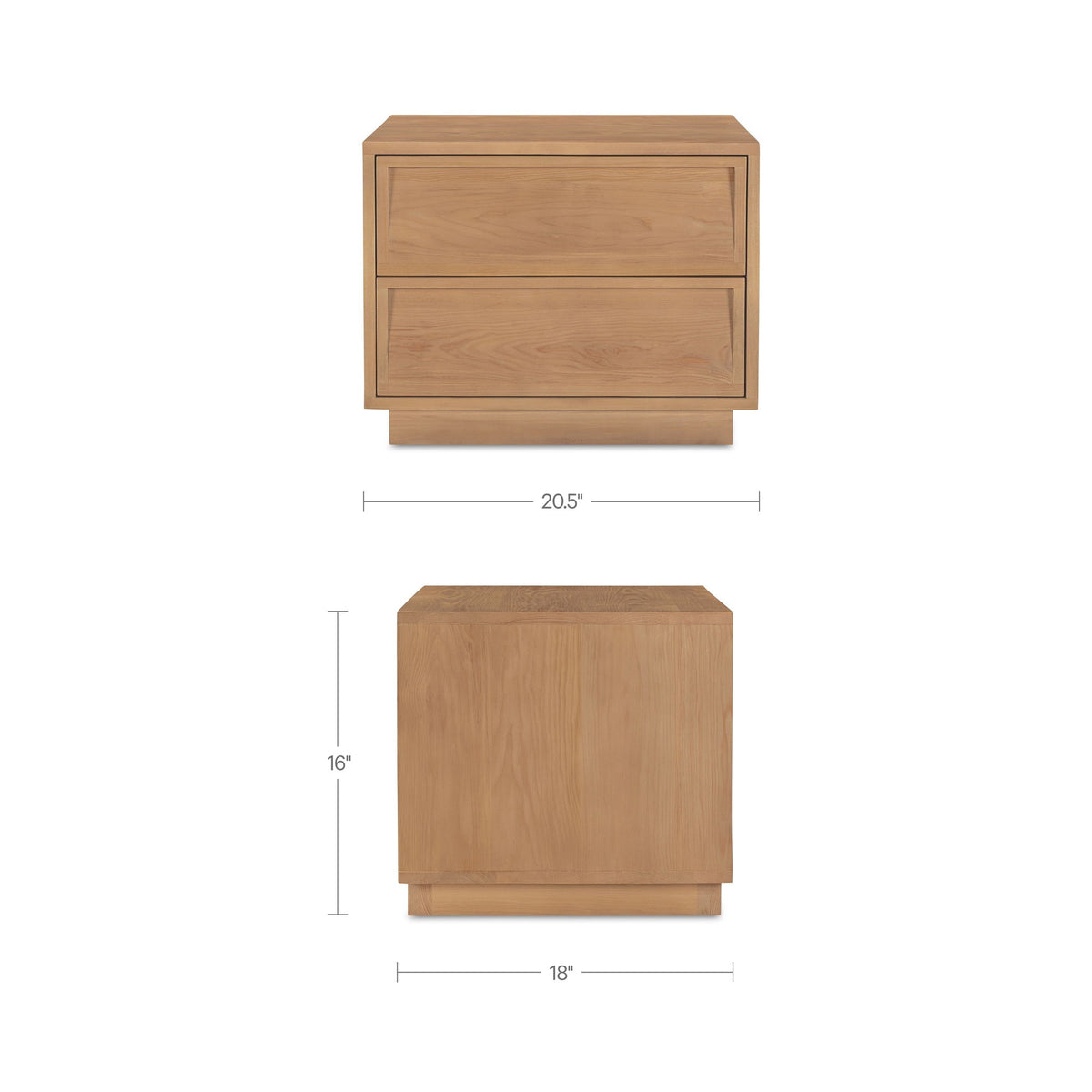 Natural wood nightstand with two drawers and recessed fronts; dimensions shown