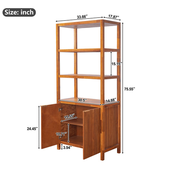 Light brown storage bookcase cabinet with open shelves and double doors, shown with size dimensions