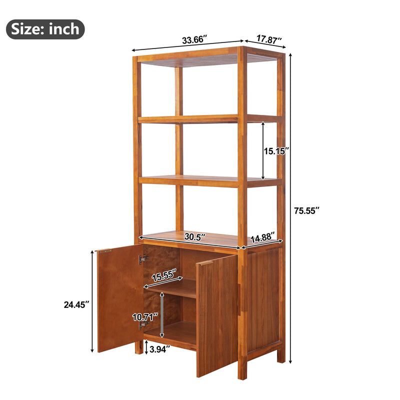 Light brown storage bookcase cabinet with open shelves and double doors, shown with size dimensions