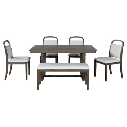 Dark wood dining table with 4 upholstered chairs and matching bench