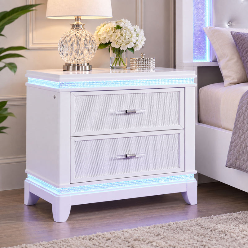 White 2-drawer nightstand with glowing LED light trim and metal bar pulls