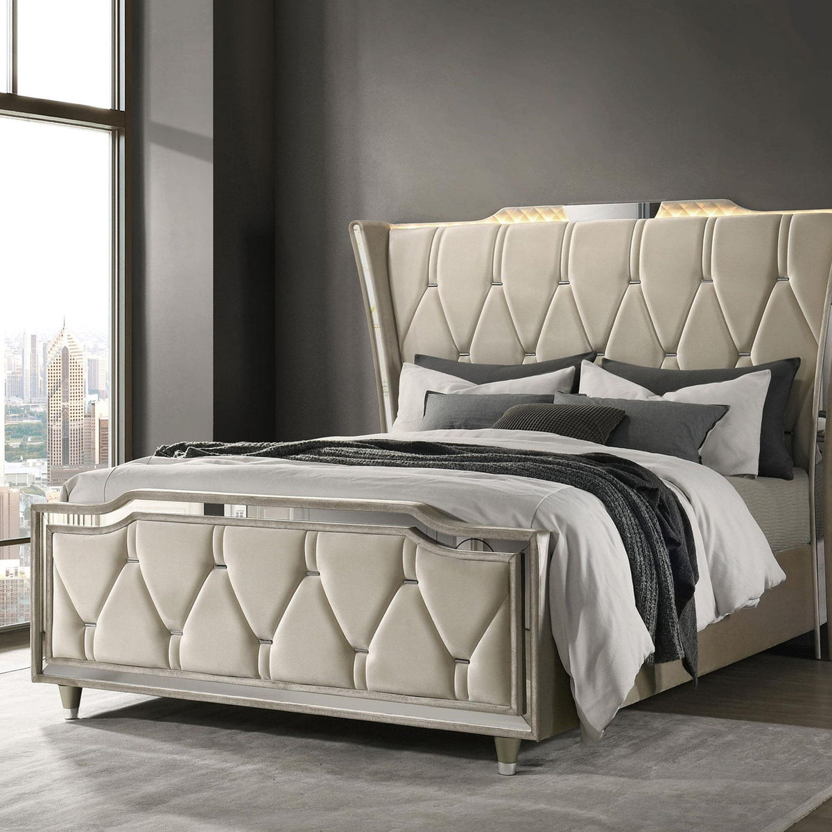 Lorient Queen LED Upholstered Wingback Bed Ivory and Camel