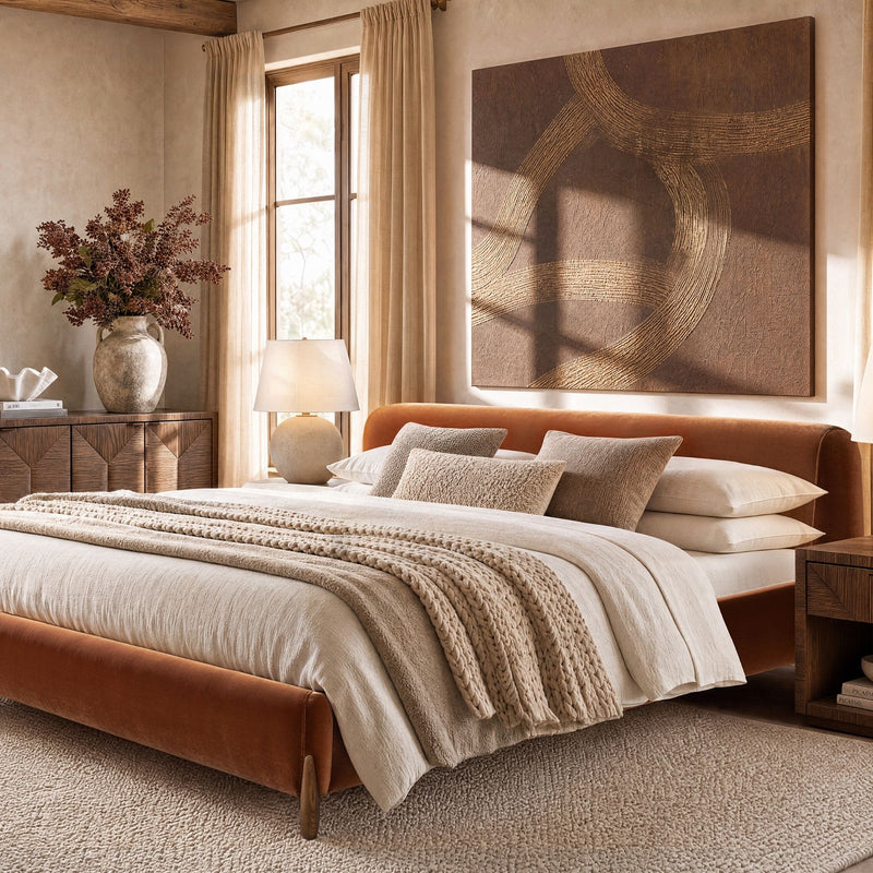 Modern upholstered platform bed in warm orange-brown with low profile footboard