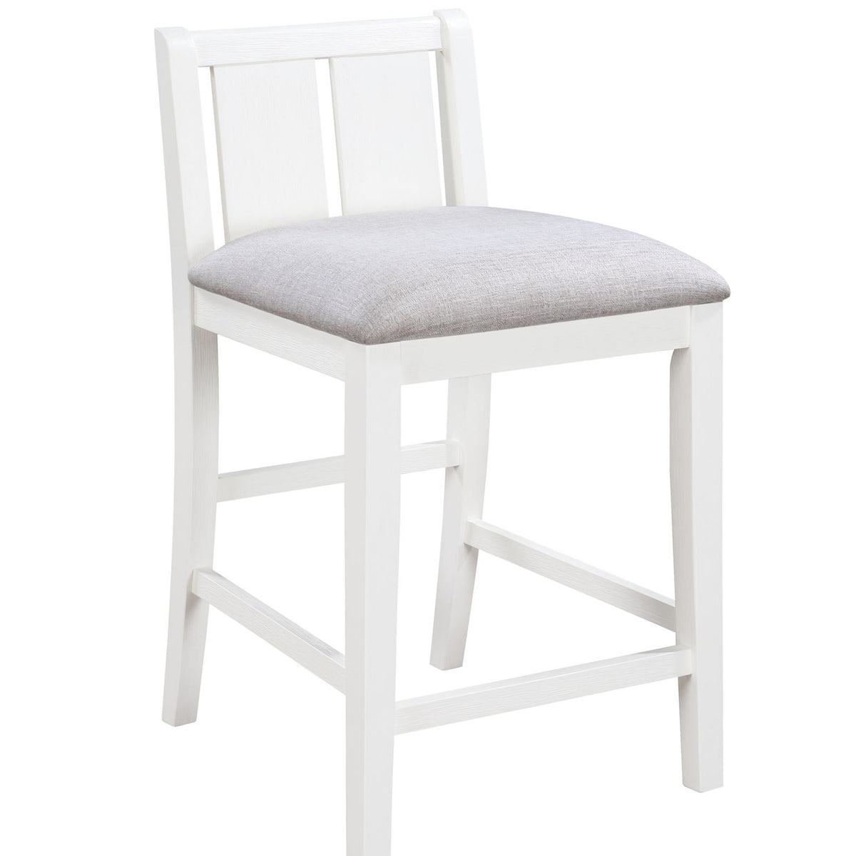 White counter-height upholstered chair with light gray seat cushion and slat back