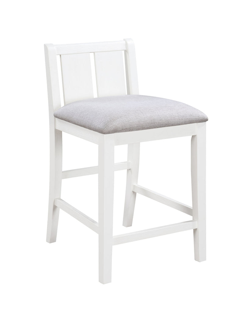 White counter-height upholstered chair with light gray seat cushion and slat back