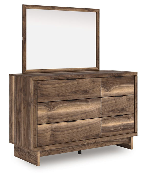 Brown wood dresser with four drawers and square mirror, front view
