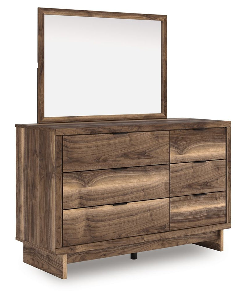 Brown wood dresser with four drawers and square mirror, front view