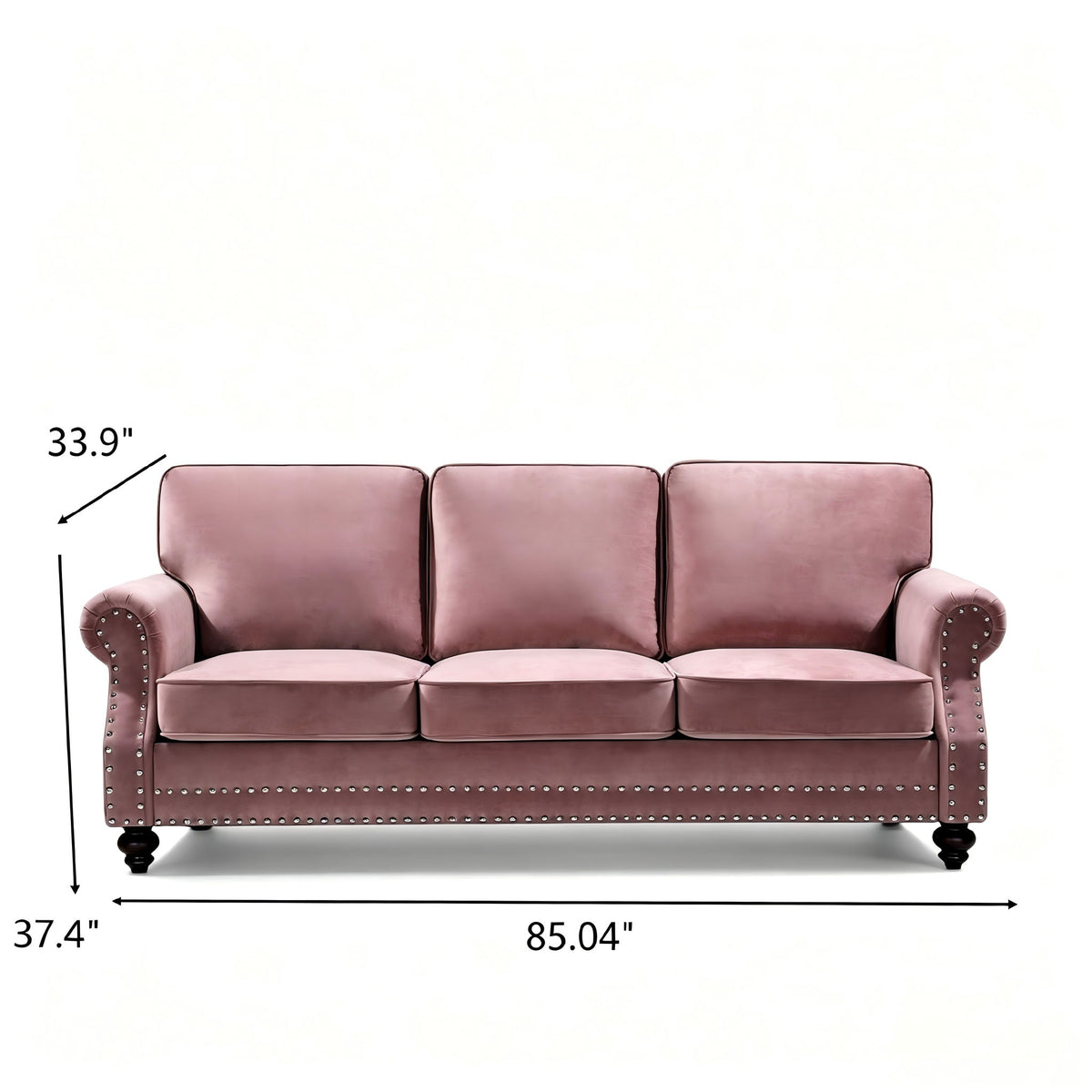 Pink 3-seat sofa with nailhead trim and turned legs, front view