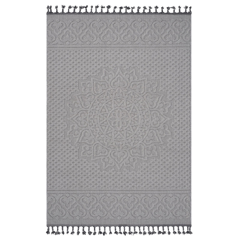 Light gray and white medallion area rug with patterned border and tassel fringe