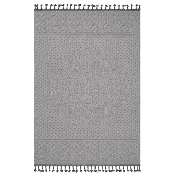 Indoor/outdoor area rug with light white medallion pattern and fringe border