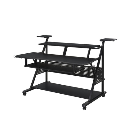 Black music desk with perforated sides, two shelves, and rolling caster feet