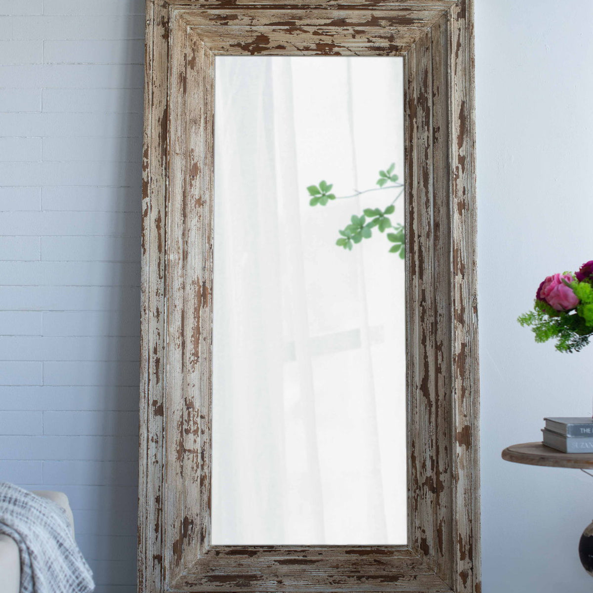 Full Length Rectangle Floor Mirror With Distressed Wood Frame - Brown