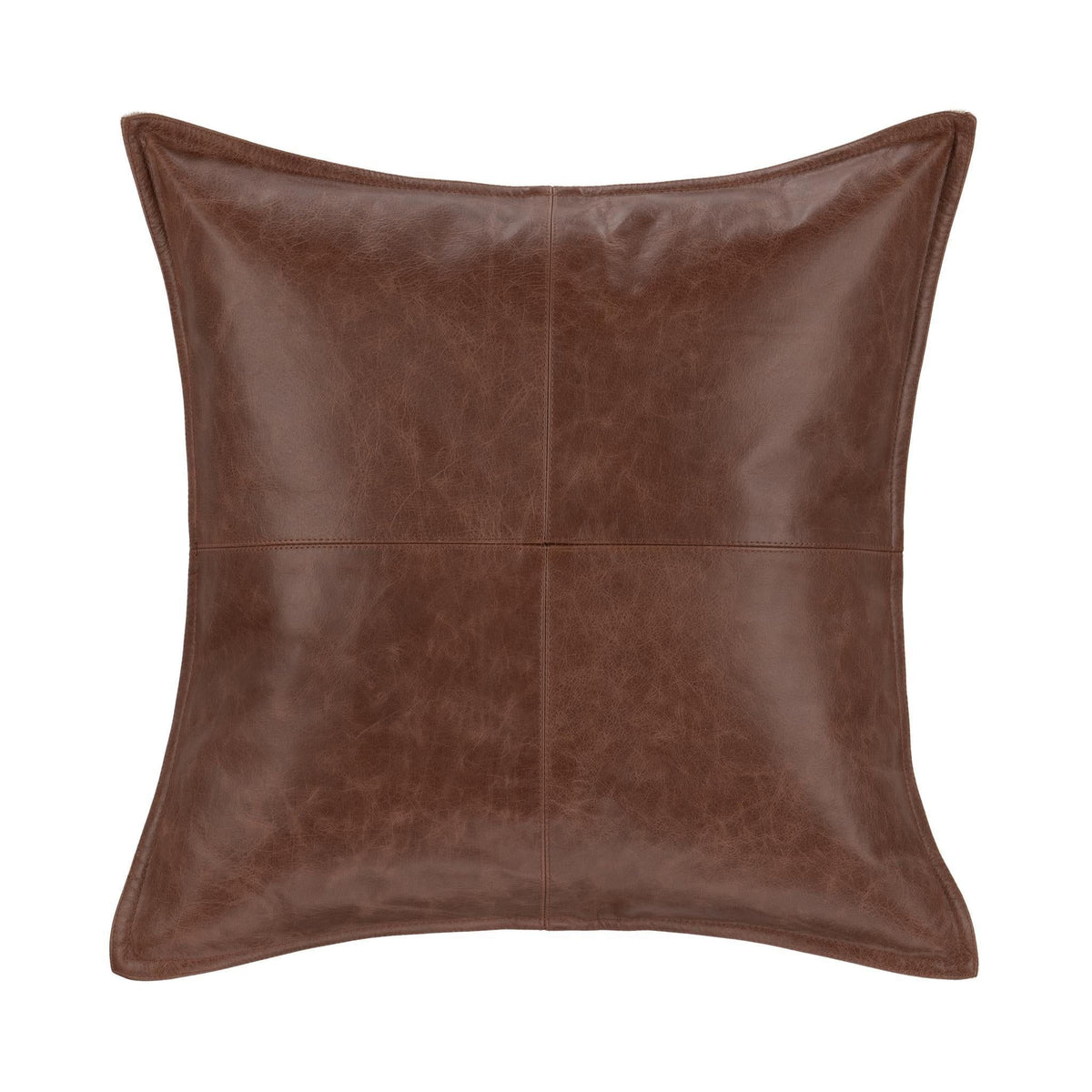 Brown leather accent pillow with panel seam and matching border