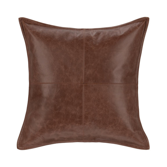 Brown leather accent pillow with panel seam and matching border