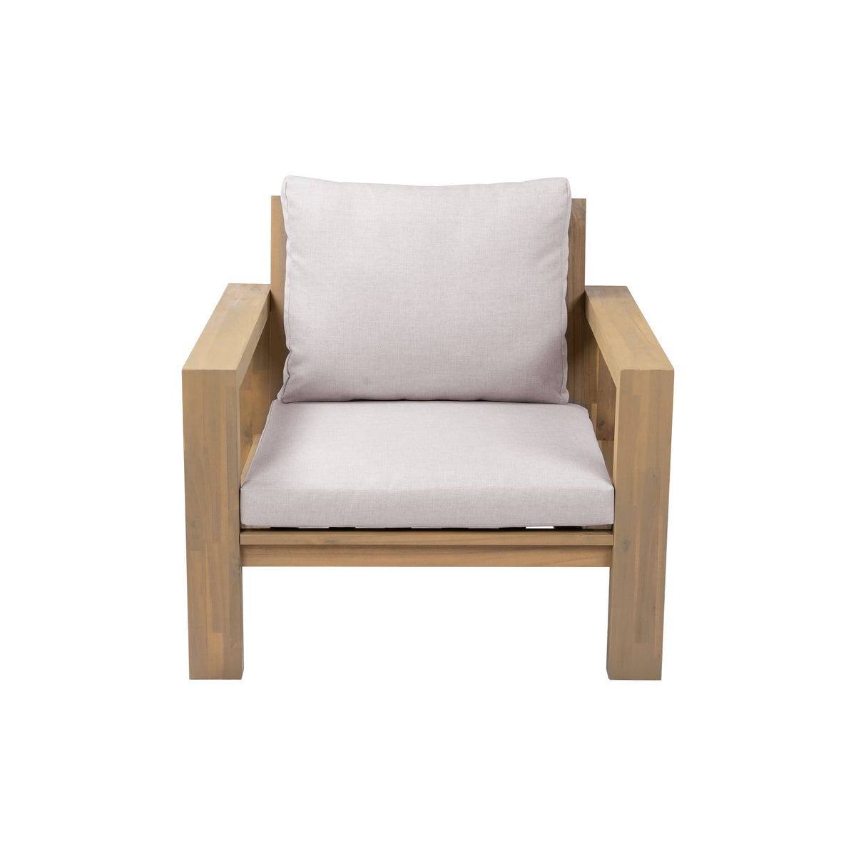 Light brown wooden outdoor armchair with light gray seat and back cushions