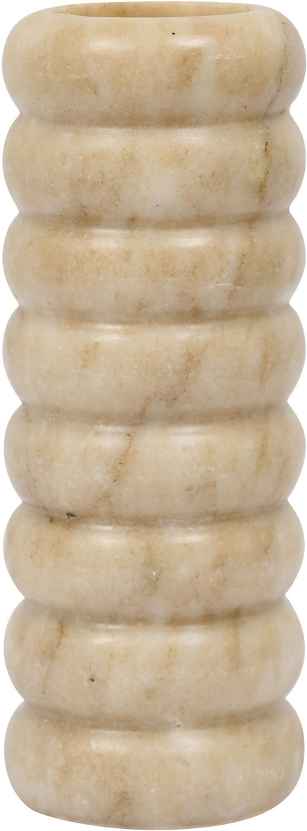 Beige genuine marble vase with ribbed stacked bands and wide round top opening