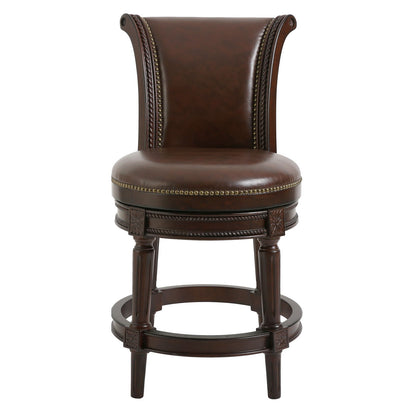 Dark brown leather high-back swivel barstool with studded trim and round cushioned seat.