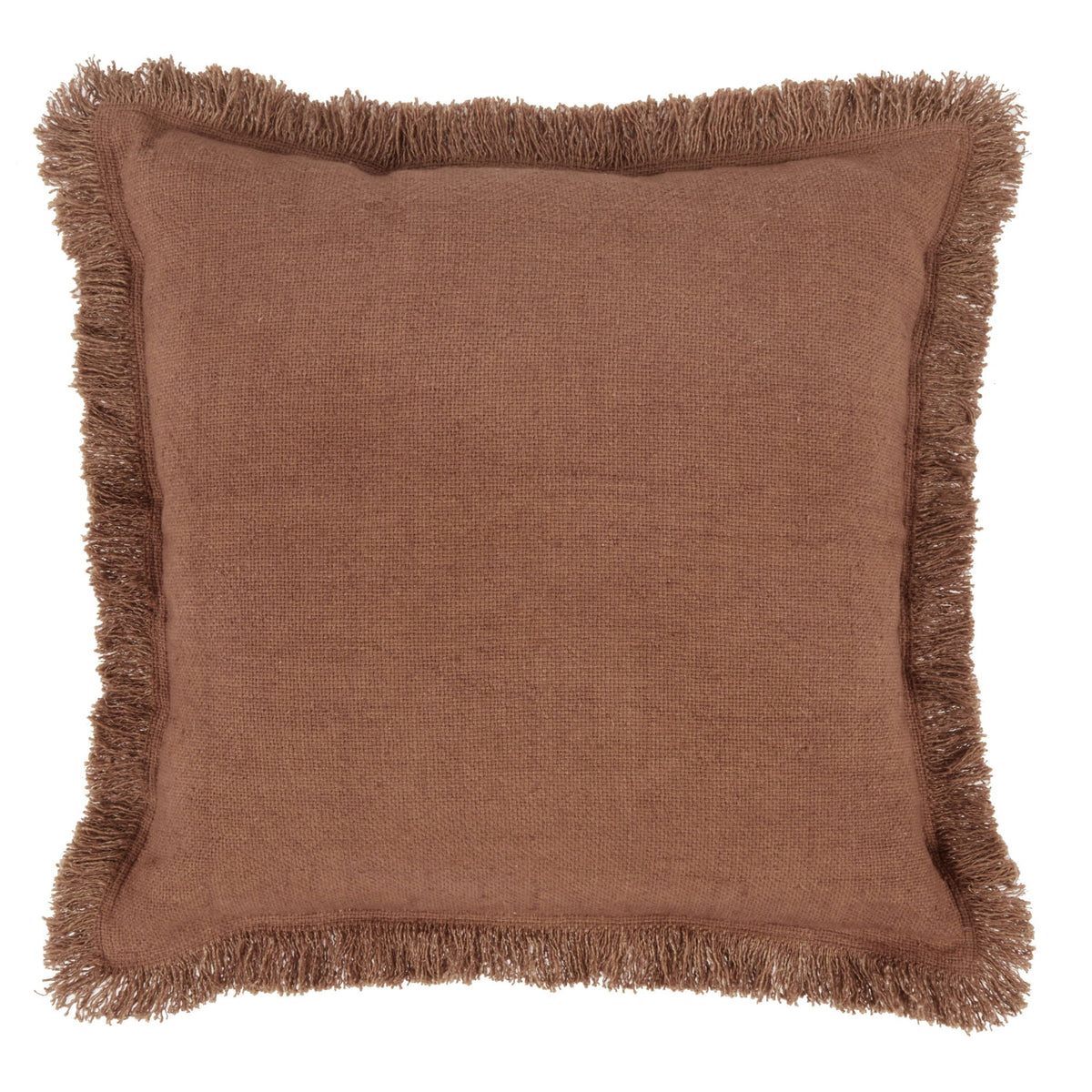 Mocha brown square throw pillow with fringed border and woven texture
