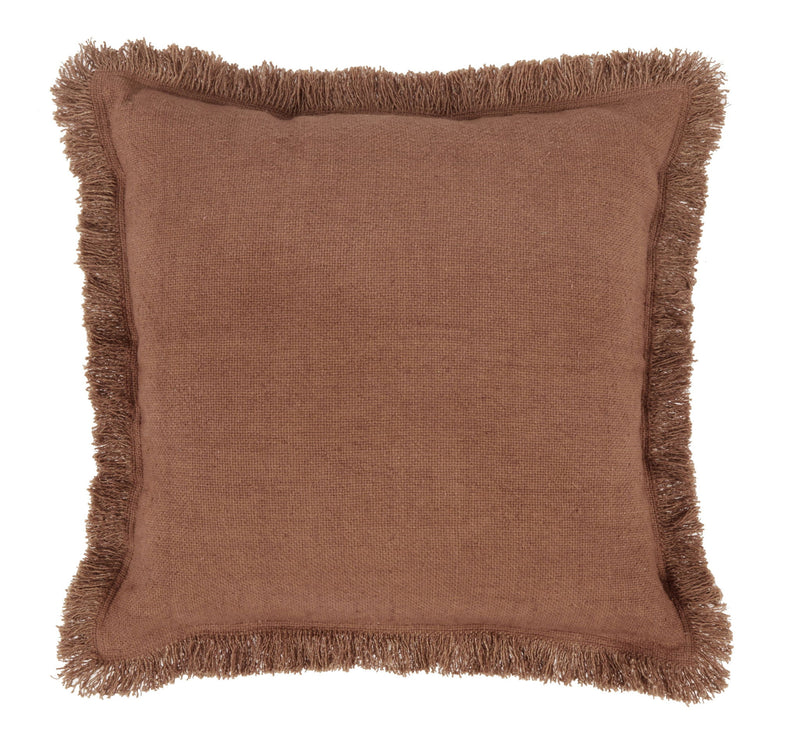 Mocha brown square throw pillow with fringed border and woven texture