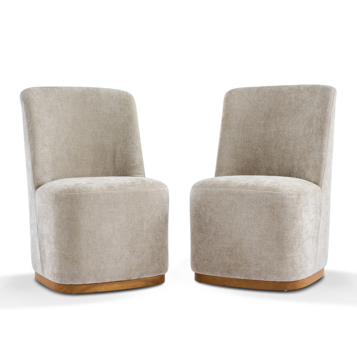 Set of 2 upholstered dining chairs, textured light beige fabric and curved wood base