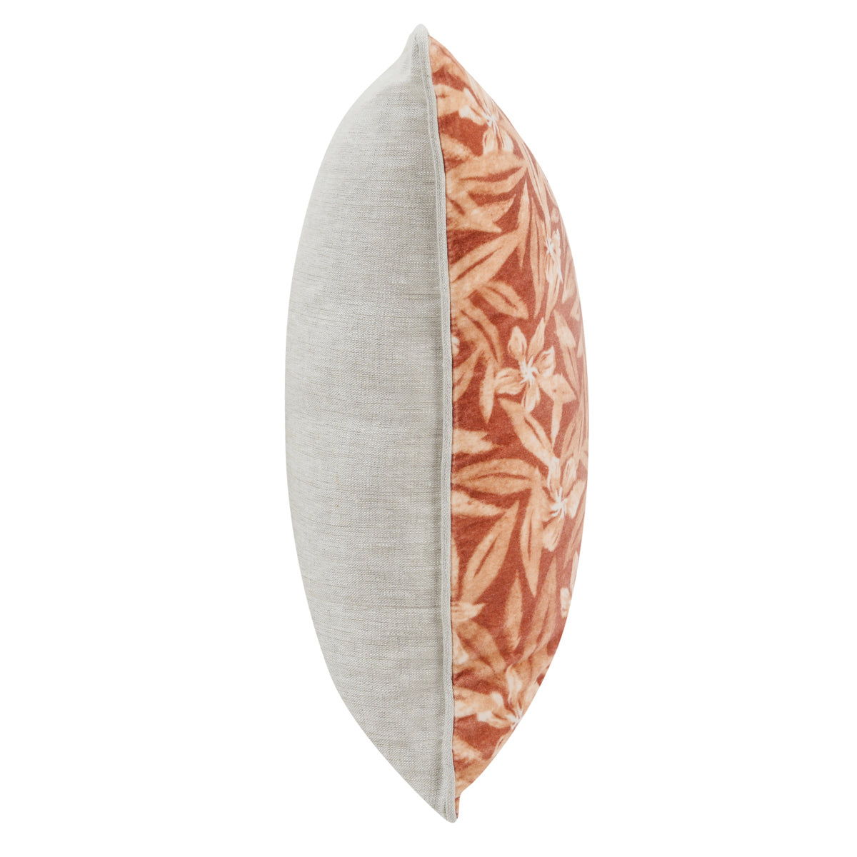 Square throw pillow showing side seam: rust floral front with beige back, 22x22 in